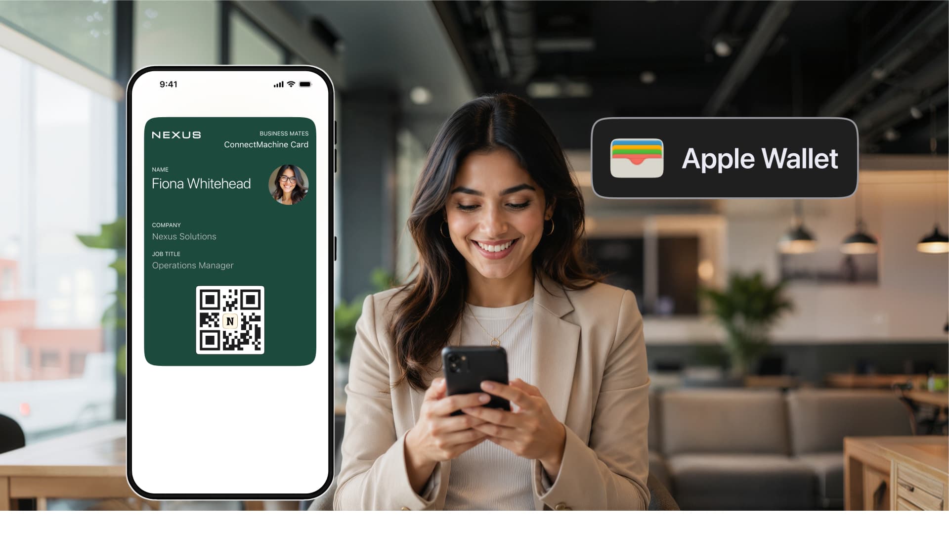 Un biglietto da visita digitale salvato in Apple Wallet su un iPhone