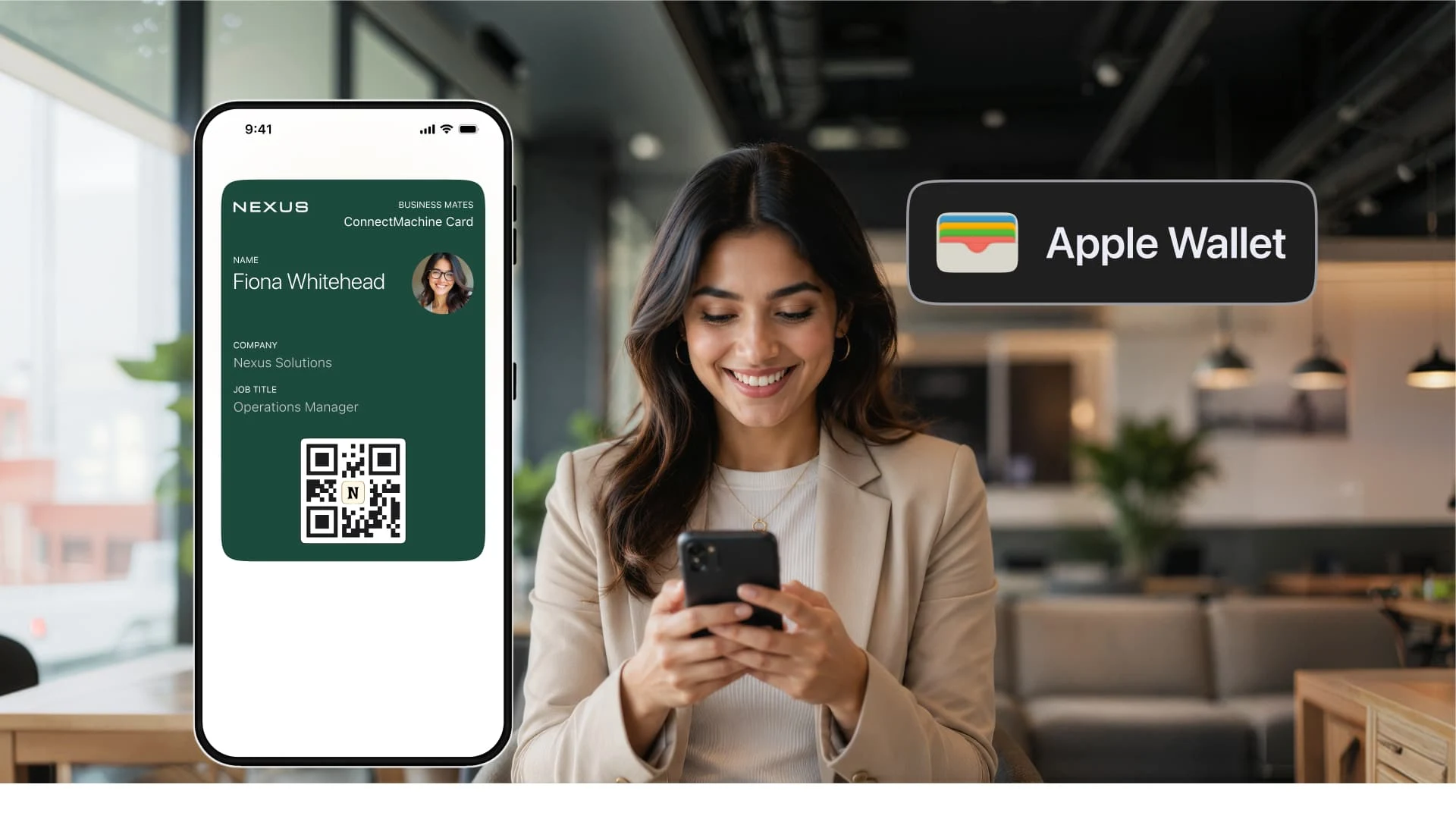 Tarjeta de presentación de ConnectMachine mostrada como un pase de billetera móvil