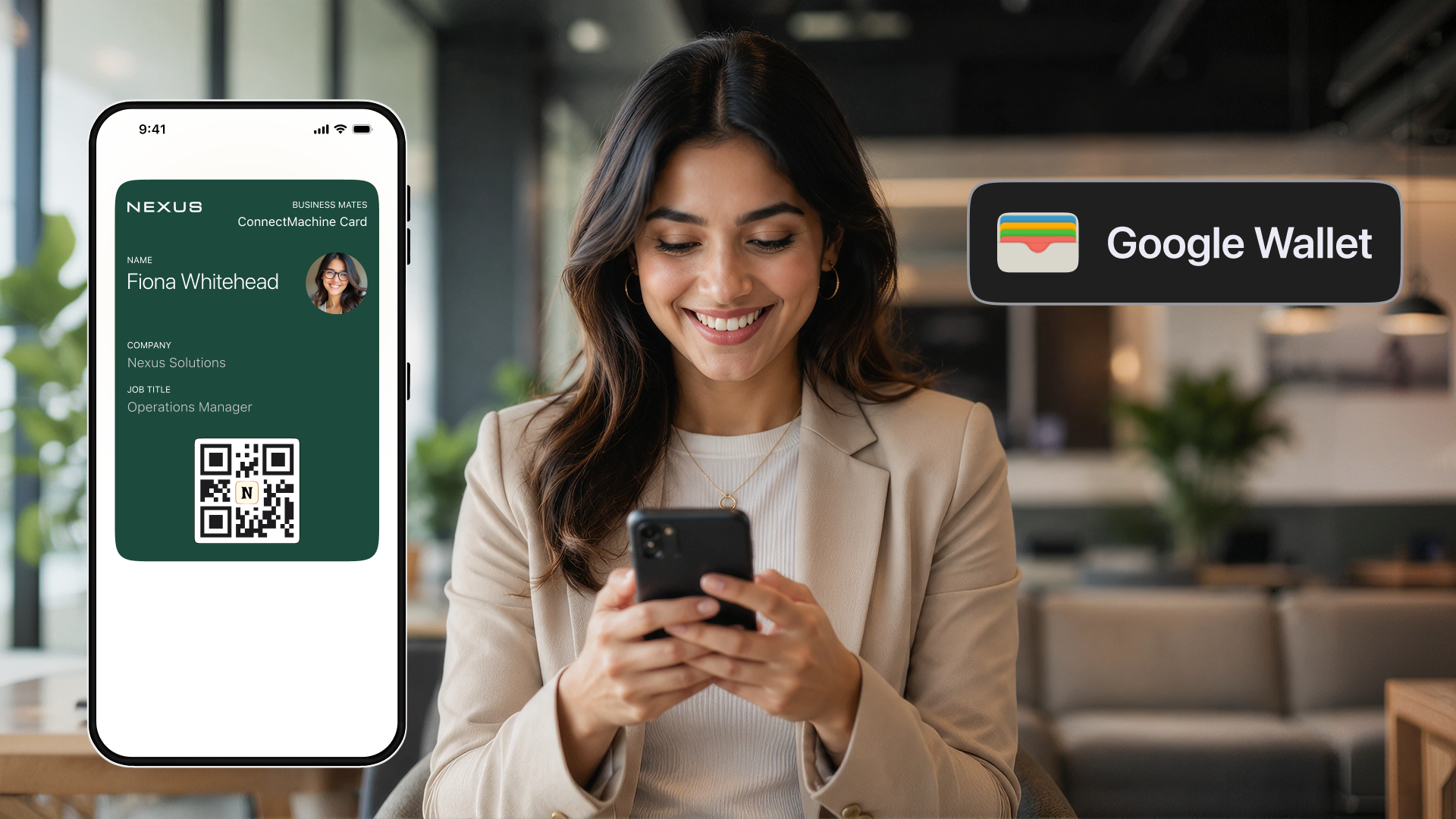 A digital business card saved in Apple Wallet on an iPhone