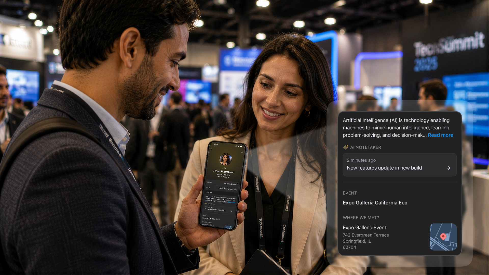 A phone turning event conversations into organized, searchable contacts