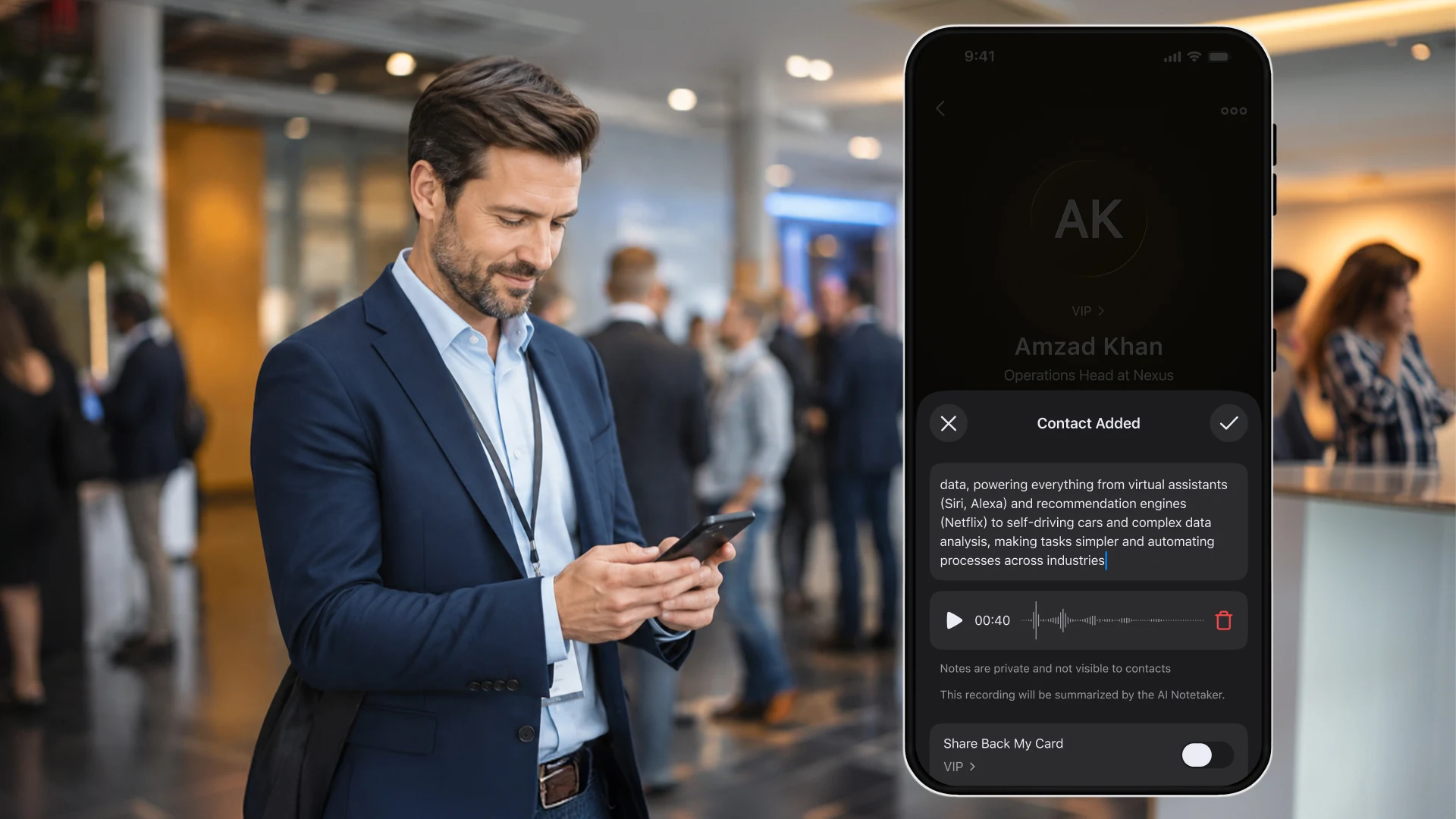 Il gestore dei contatti di ConnectMachine mostra un profilo professionale dopo un'introduzione al networking