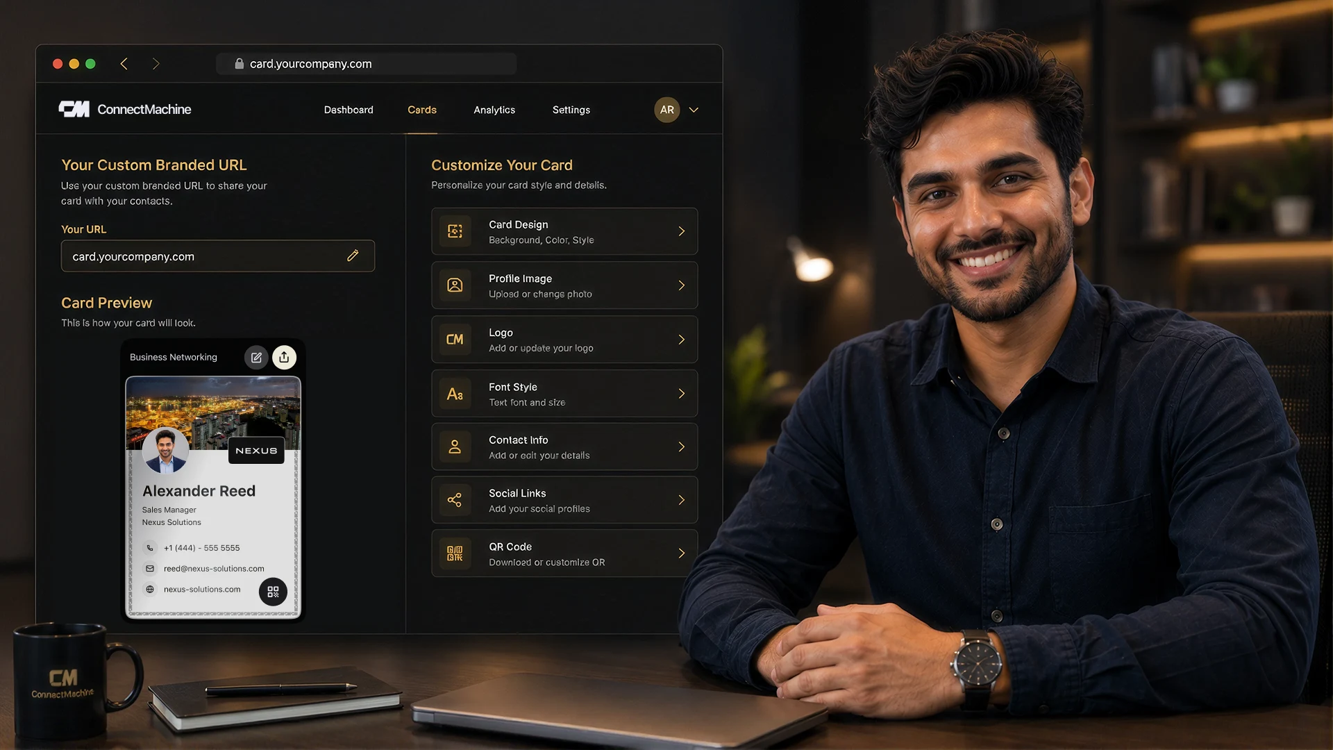 Tarjeta de presentación de marca ConnectMachine mostrada en el dominio personalizado de una empresa