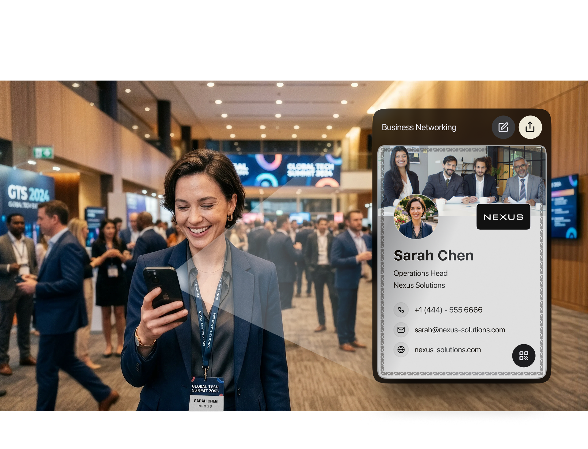 Person sharing a digital business card via QR code on their phone