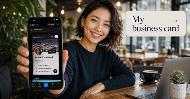 A digital business card shown on a phone next to a printed QR code