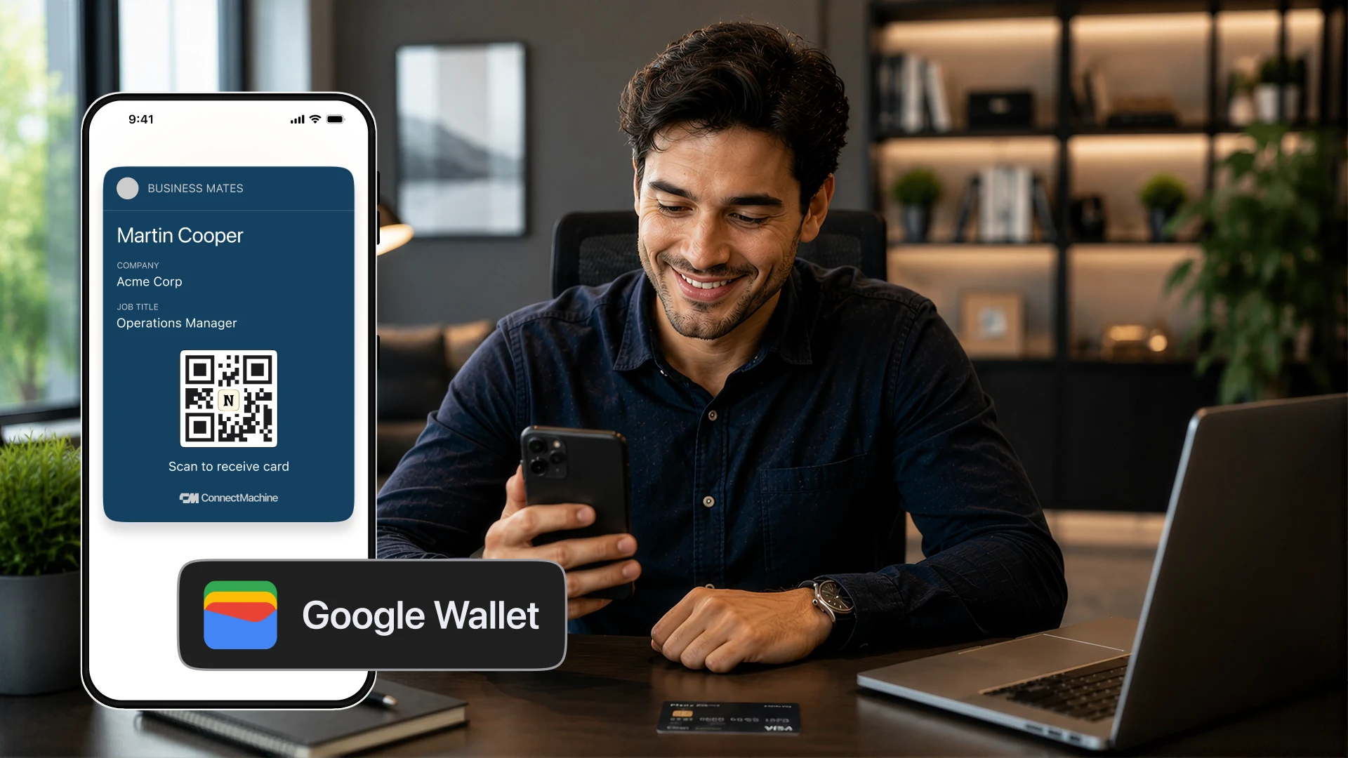 ConnectMachine business card displayed inside Google Wallet on an Android phone