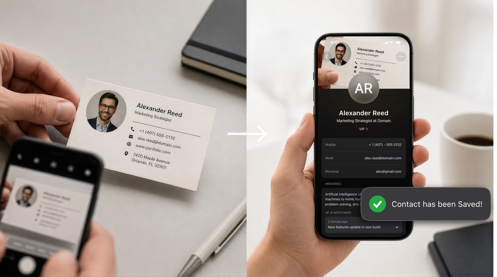 Paper business card converted into a complete saved contact