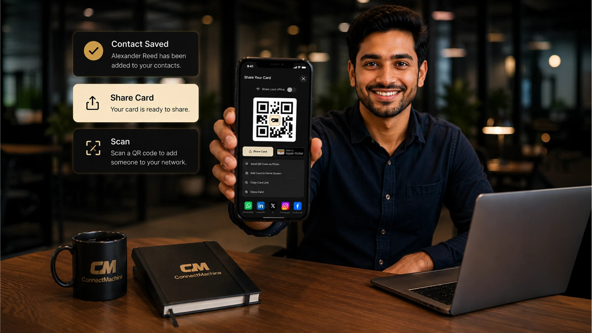 Бесплатный обмен картами ConnectMachine, QR-код и инструменты сохранения контактов
