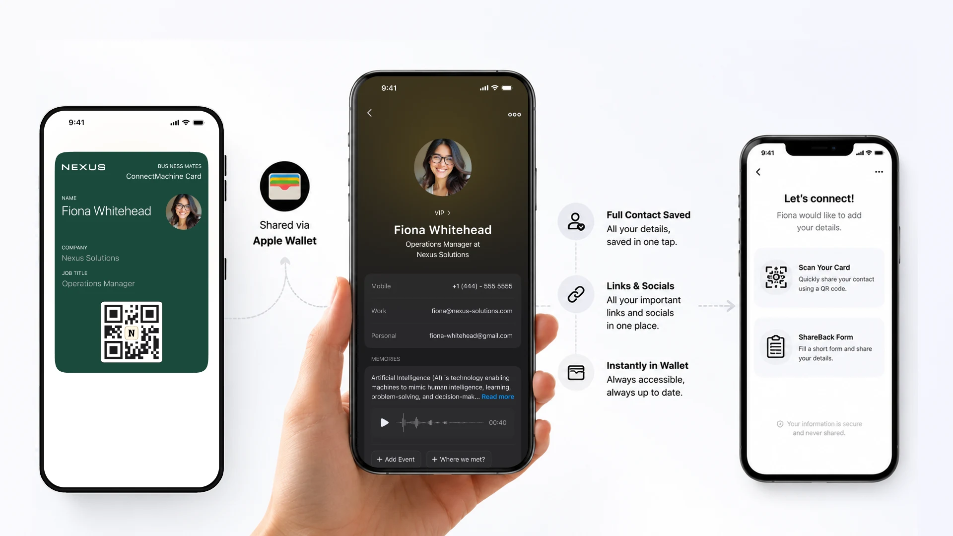 Tarjeta de presentación Apple Wallet que abre un contacto completo con enlaces y perfiles sociales