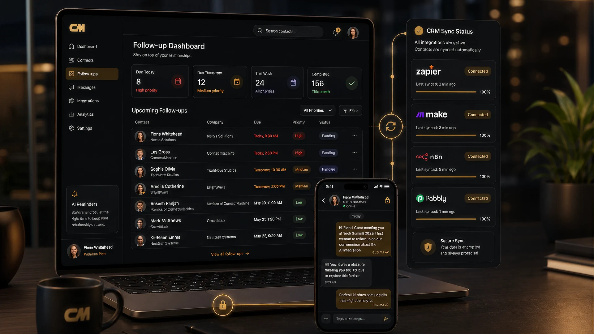 Dashboard di follow-up con promemoria imminenti e stato di sincronizzazione del CRM