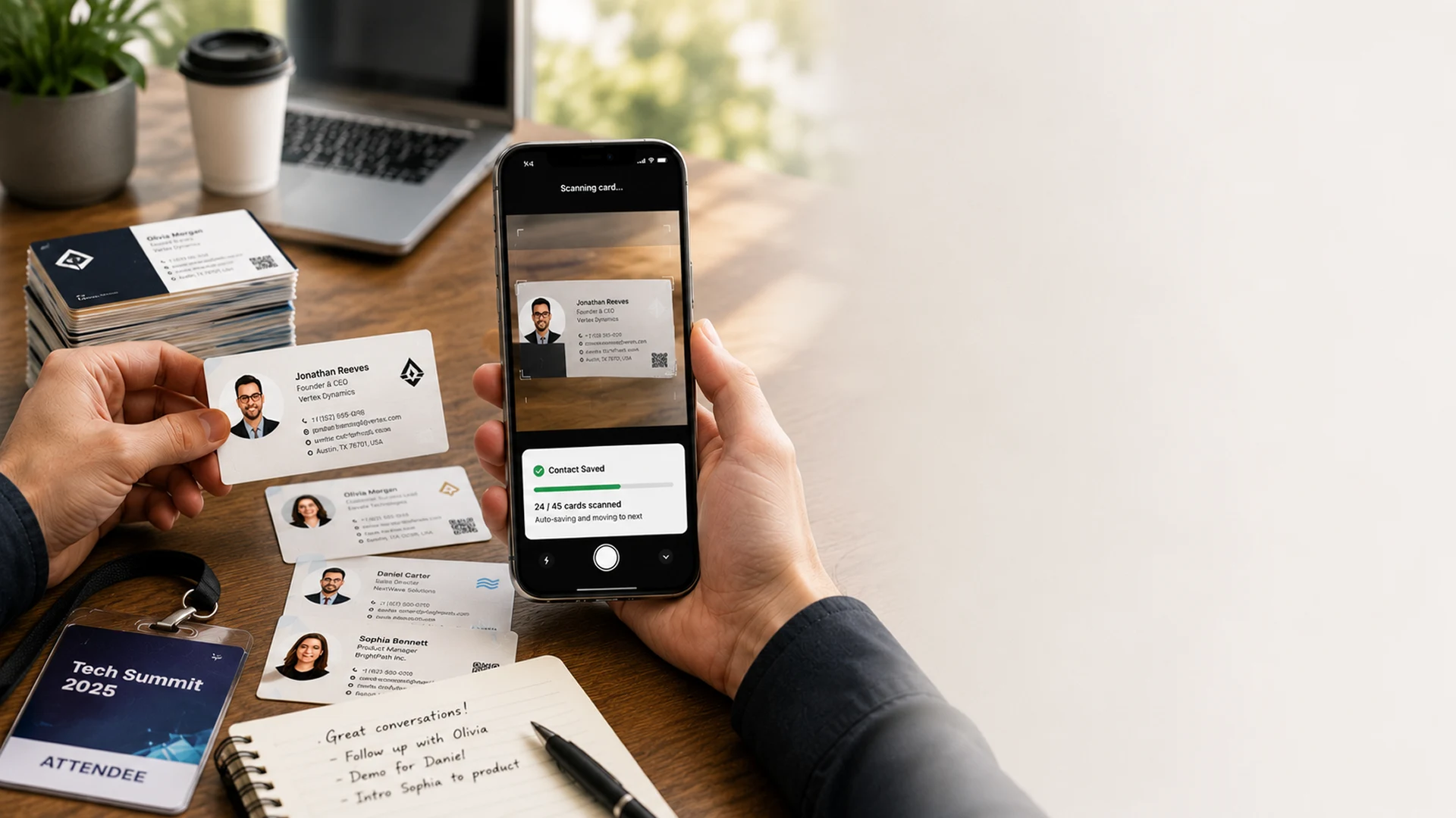 Several paper business cards being digitized into an organized contact list