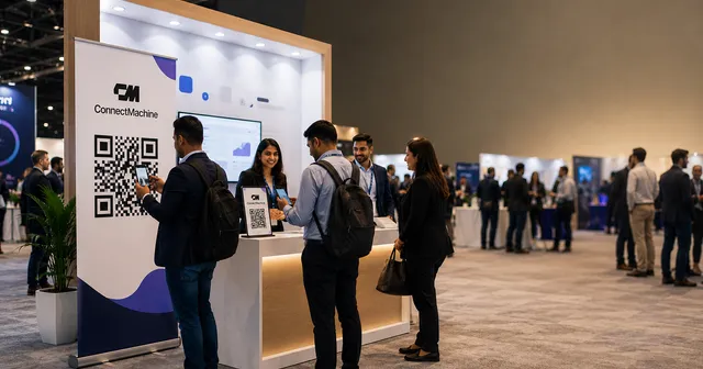 People scanning ConnectMachine QR codes at a trade show booth