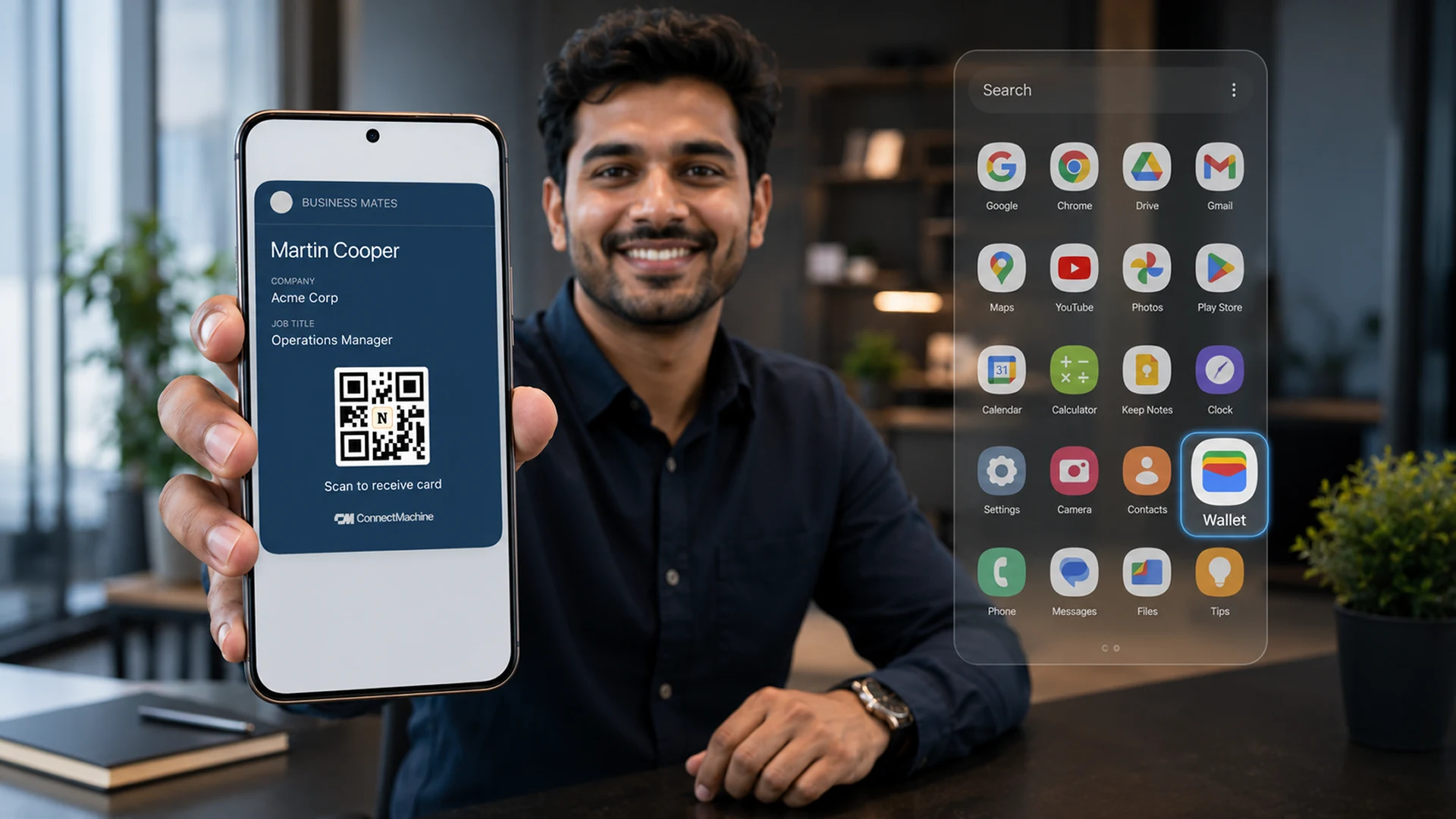 Professional presenting a Google Wallet business card from an Android phone