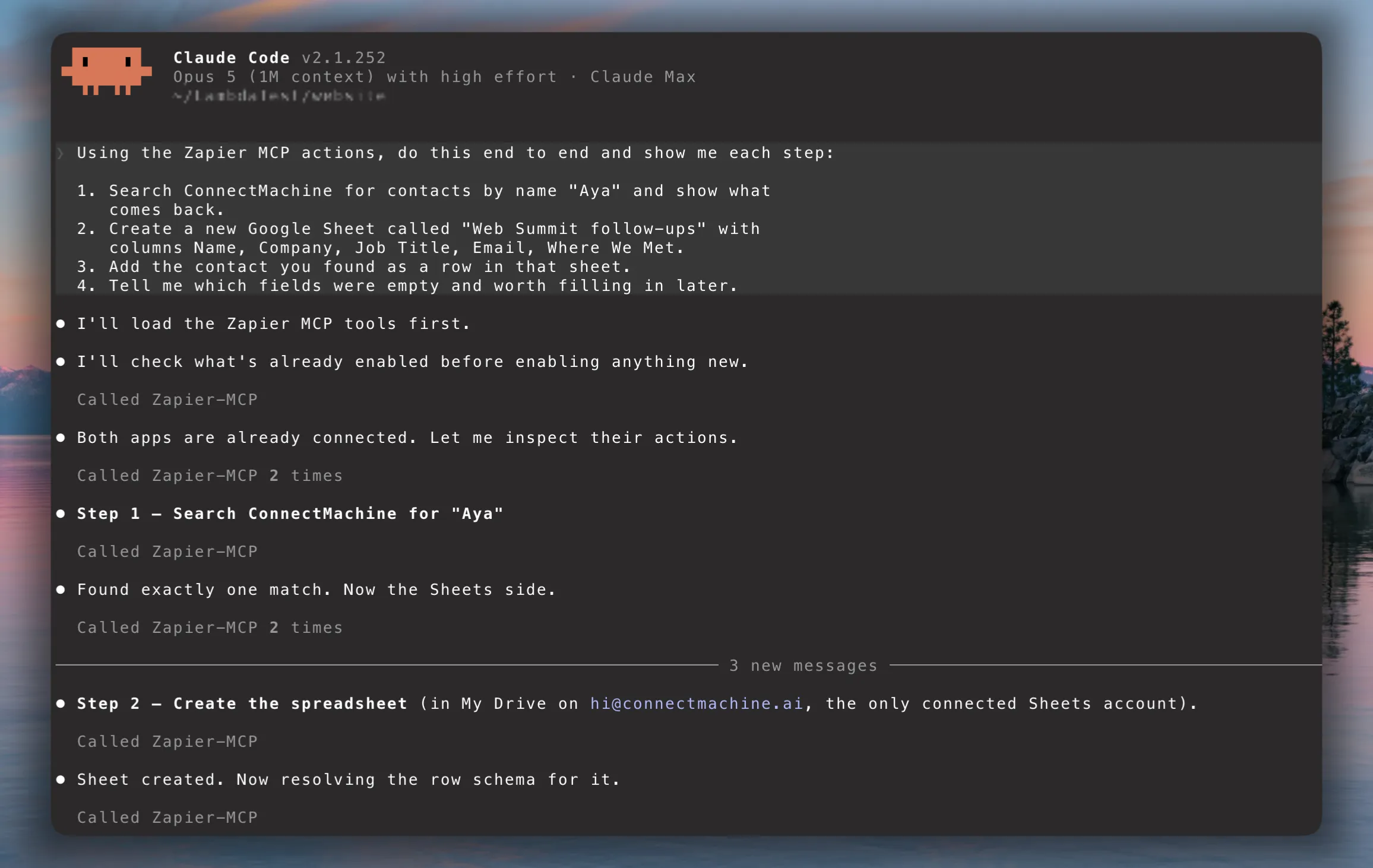 Claude Code ejecutando una petición encadenada de Zapier MCP, buscando un contacto en ConnectMachine y creando después una hoja de Google para guardar el resultado