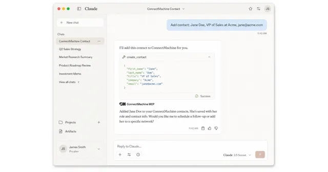 Claude вызывает действие ConnectMachine через Zapier MCP и возвращает созданный контакт