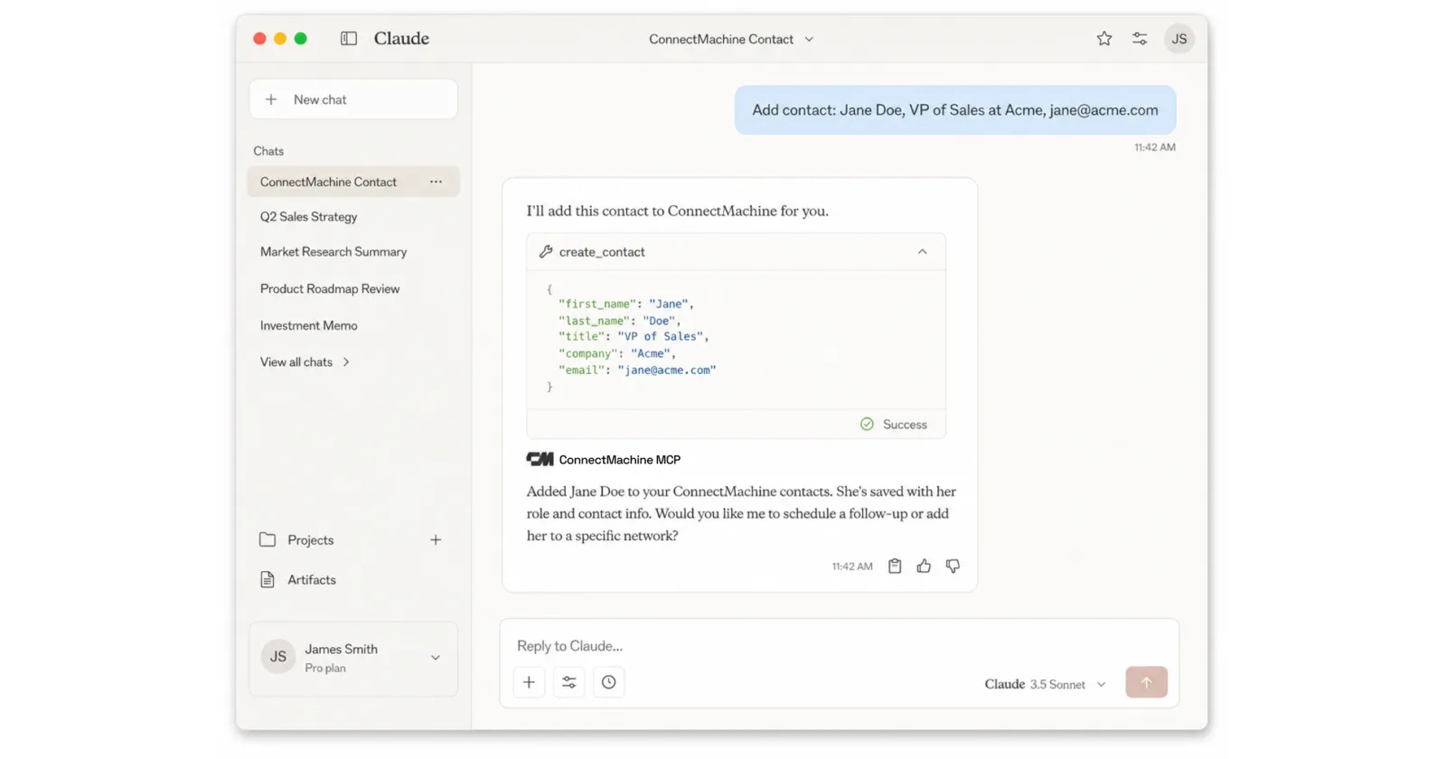 Claude calling the ConnectMachine create_contact tool and confirming that Jane Doe was added