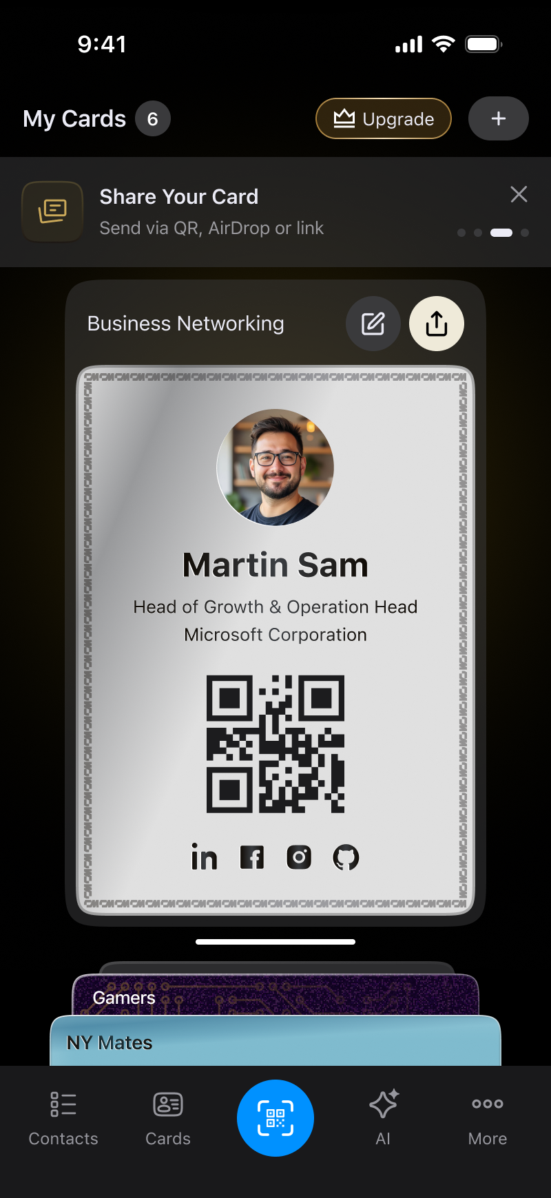 A ConnectMachine digital card and AI contact notes on a phone