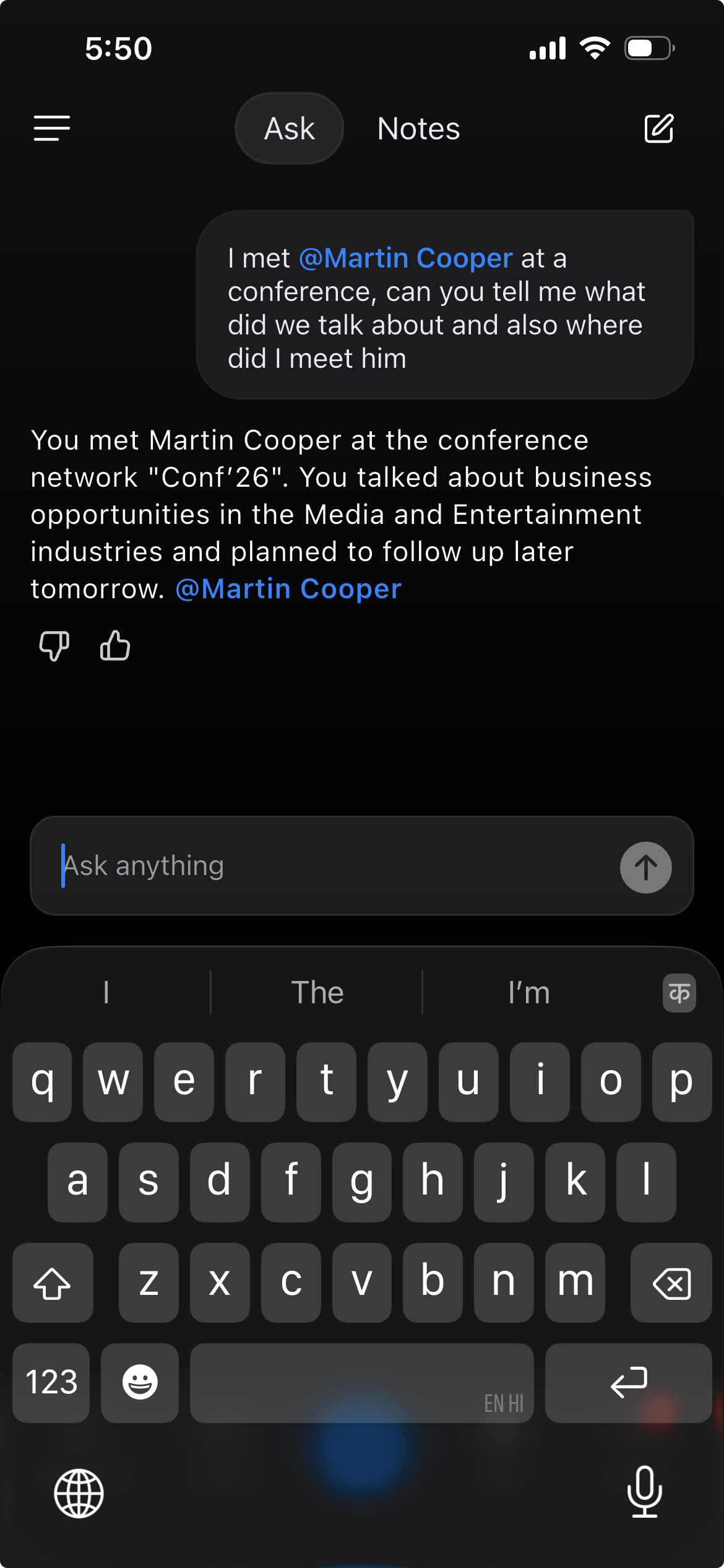 A seasonal follow-up note on a customer contact in ConnectMachine
