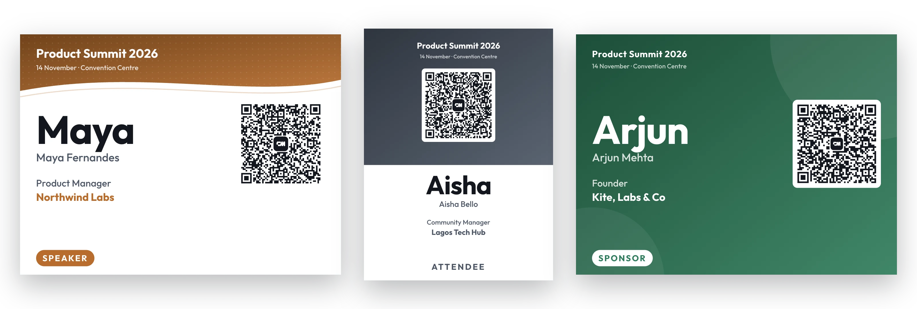 Three event badges made with the ConnectMachine badge maker: a Wave speaker badge, a Split portrait badge and a Bold sponsor badge, each with a contact QR code