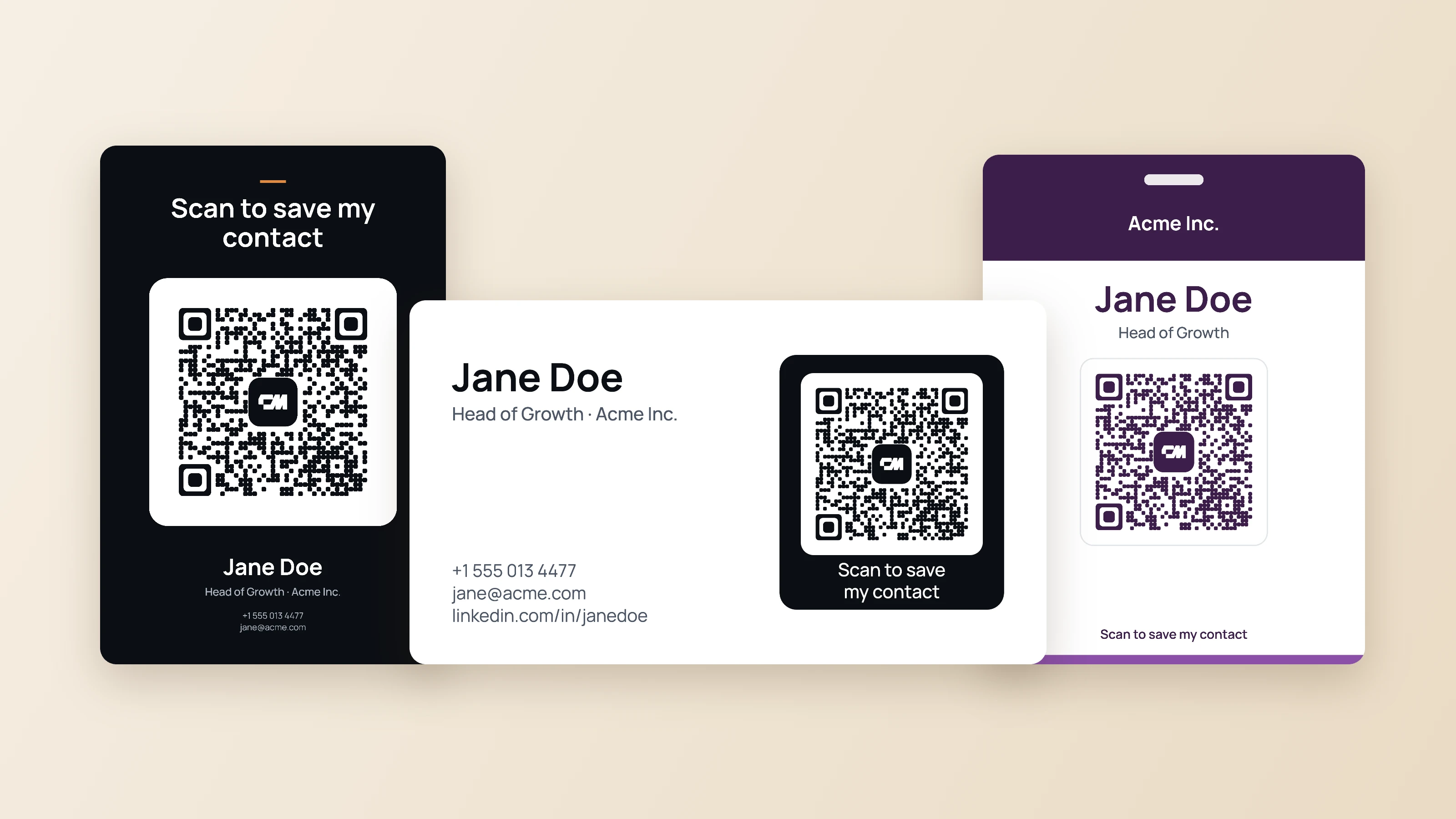 Three vCard QR code designs made with the generator: a business card, a table sign and an event badge, each with a QR code that saves the contact