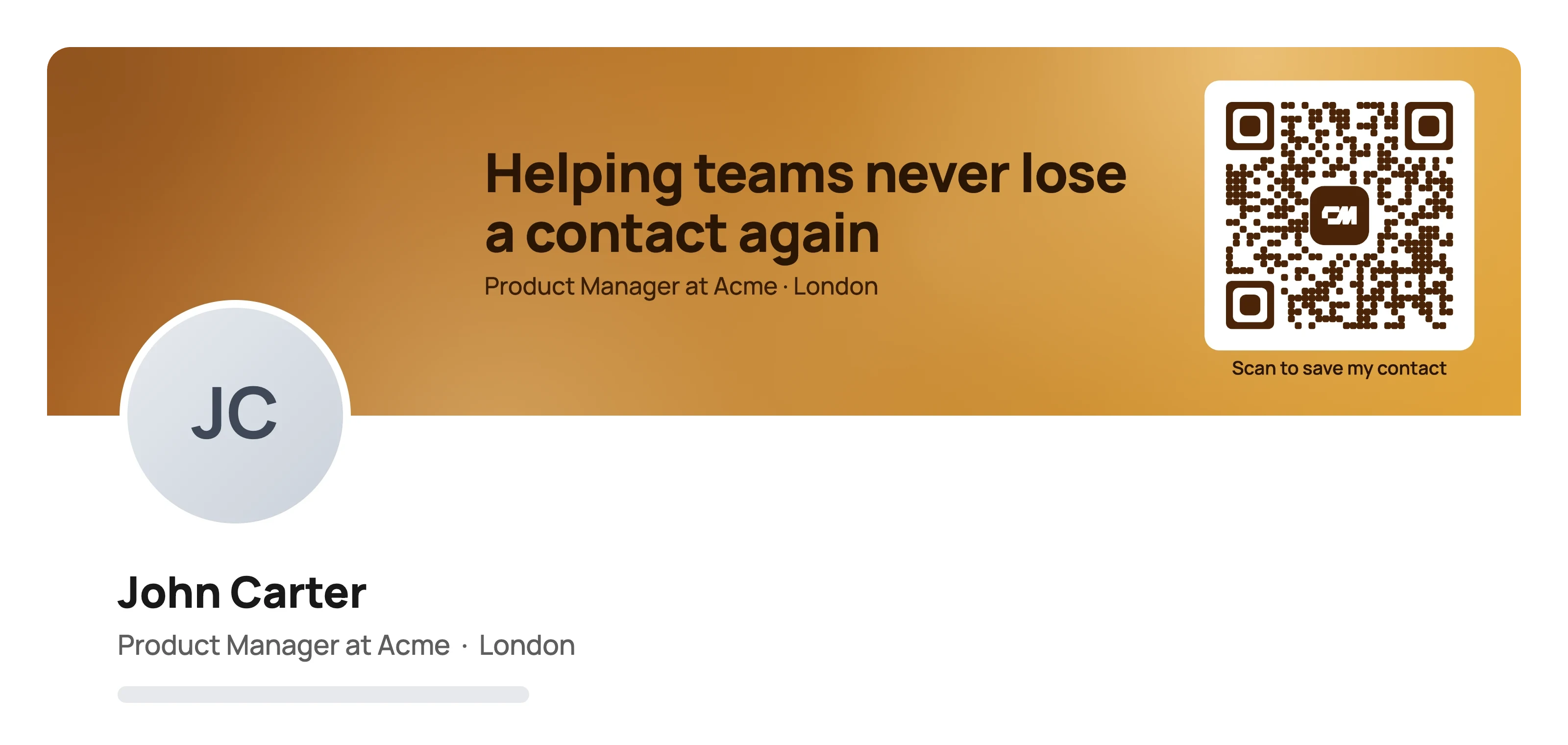 Un profilo LinkedIn con un banner LinkedIn viola che dice Aiutiamo i team a non perdere mai più un contatto, con un codice QR a destra