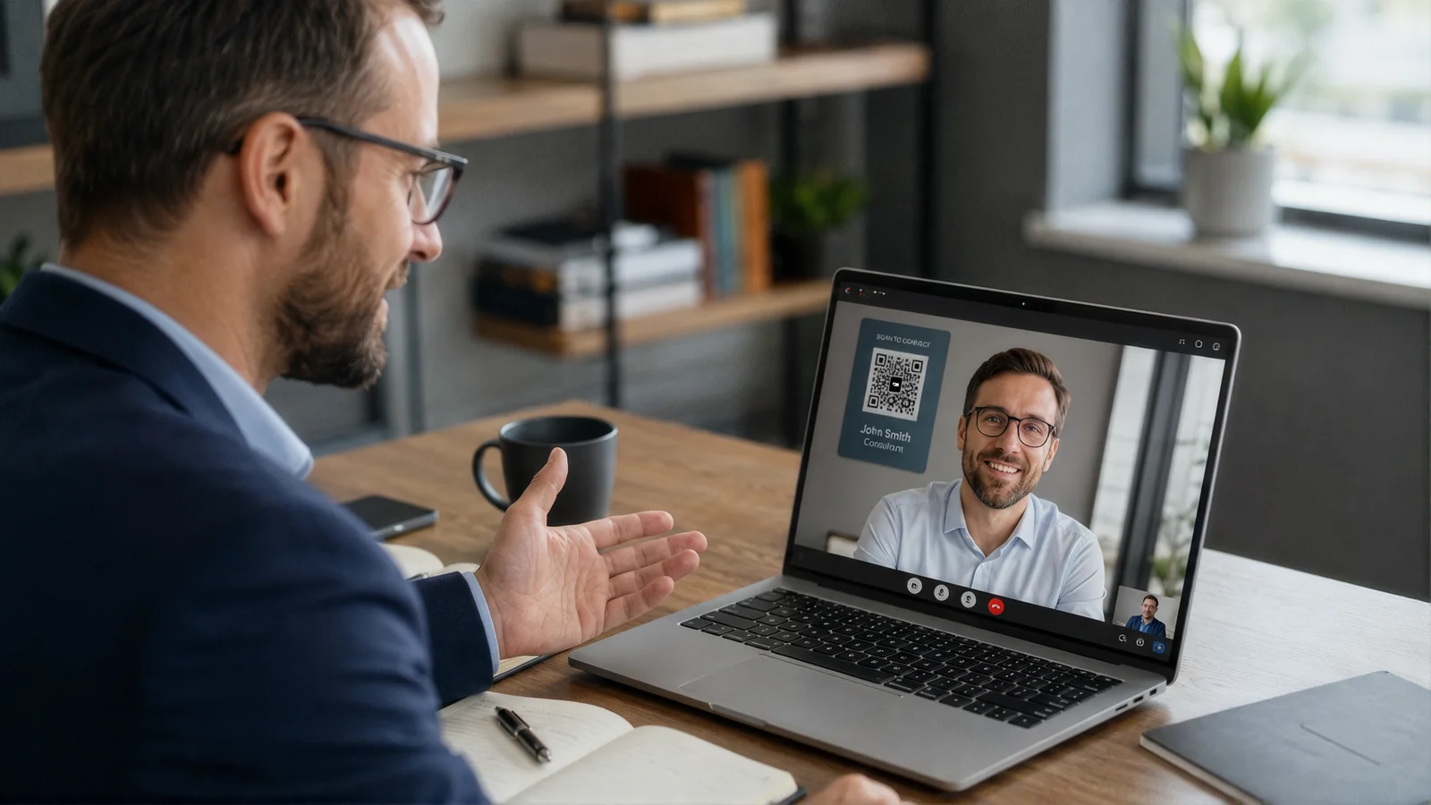 Zoom virtual background on a video call, with the speaker's name and a QR code in the top corner