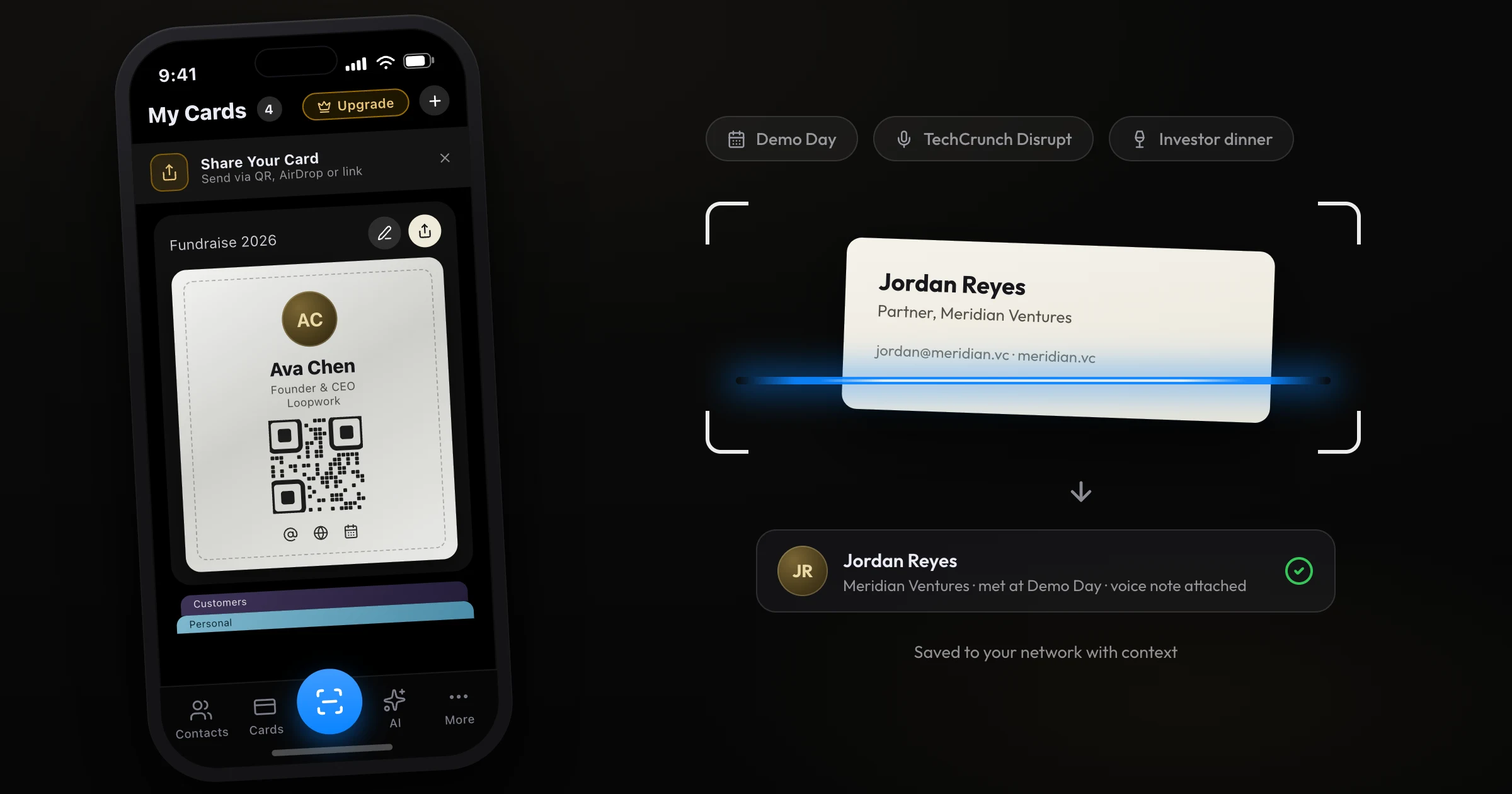 A founder's ConnectMachine card next to an investor's business card being scanned at a pitch event
