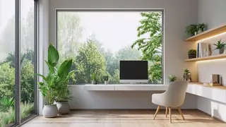 Home office by a window Zoom virtual background