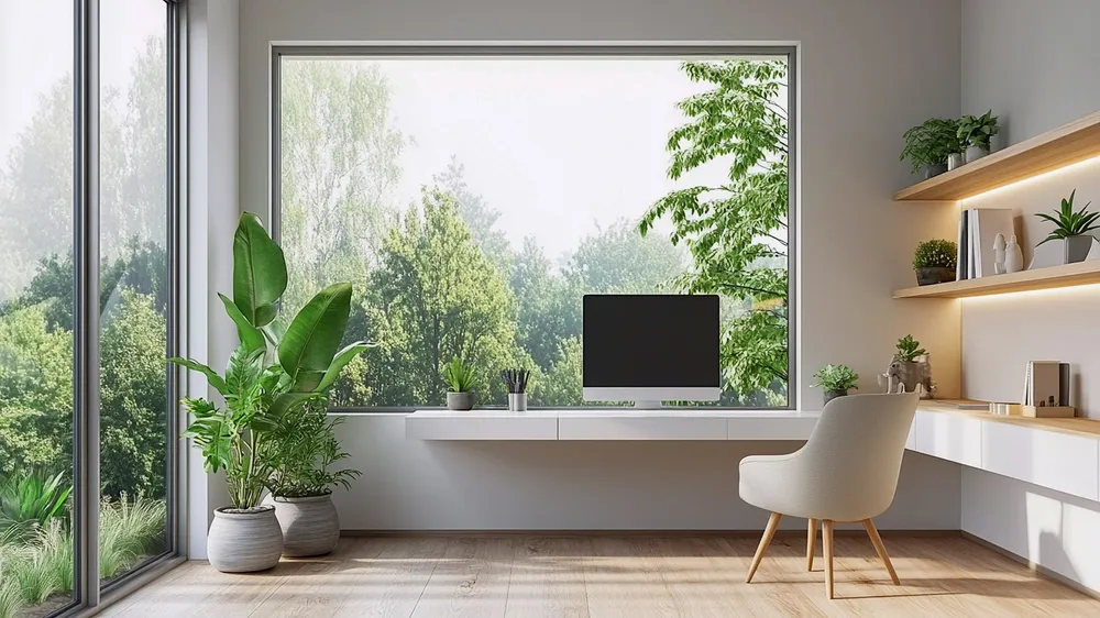 Home office Zoom virtual background with a name plate and a QR code composited onto it