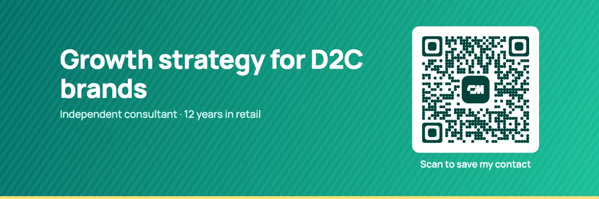 Consultant Twitter header example in teal: Growth strategy for D2C brands