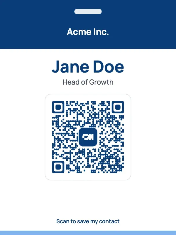 An event badge with the company on a coloured band, the attendee's name and a vCard QR code