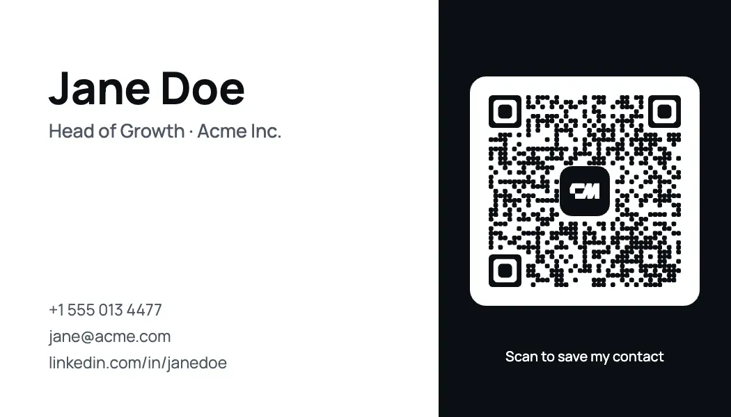 A white business card with a name, role and contact details on the left and a vCard QR code on a dark panel on the right