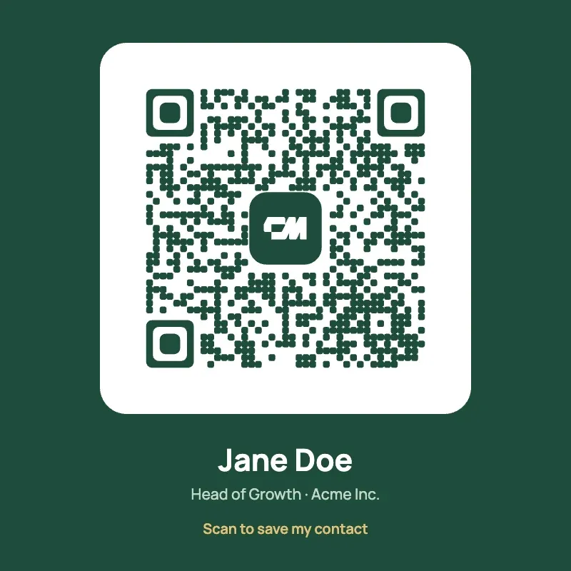 A square vCard QR code on a coloured panel with the name and role under it, for slides and email signatures