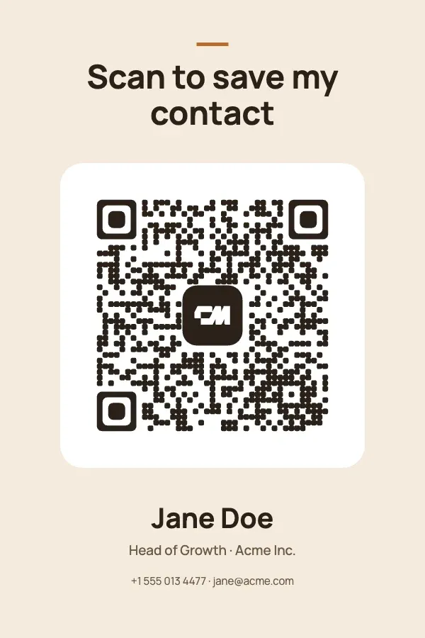 A portrait table sign that reads Scan to save my contact above a large vCard QR code and the person's name