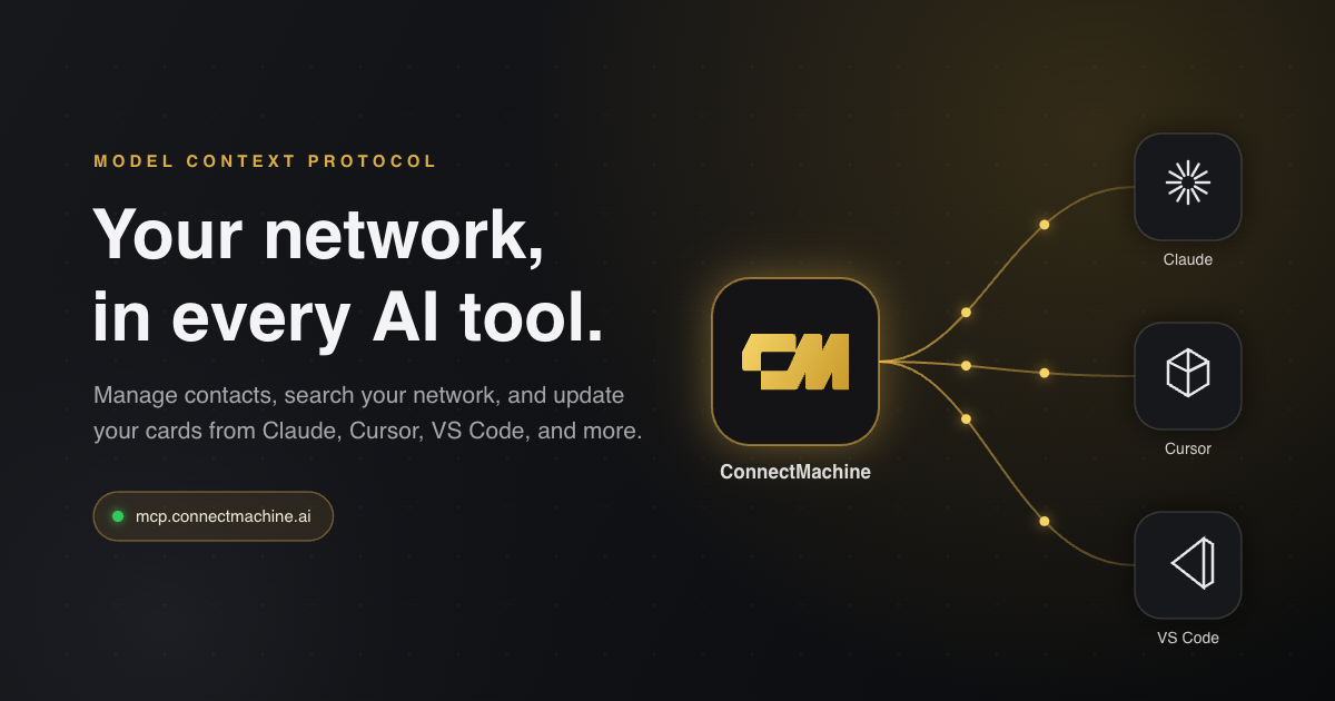 ConnectMachine node connected to Claude, Cursor, and VS Code through glowing MCP wires