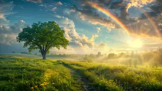 Meadow with a rainbow Zoom virtual background