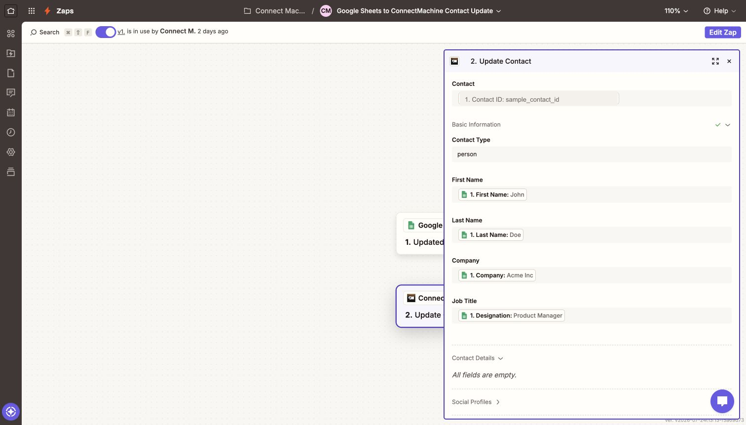 Zapier Create Contact action showing the ConnectMachine fields available to map