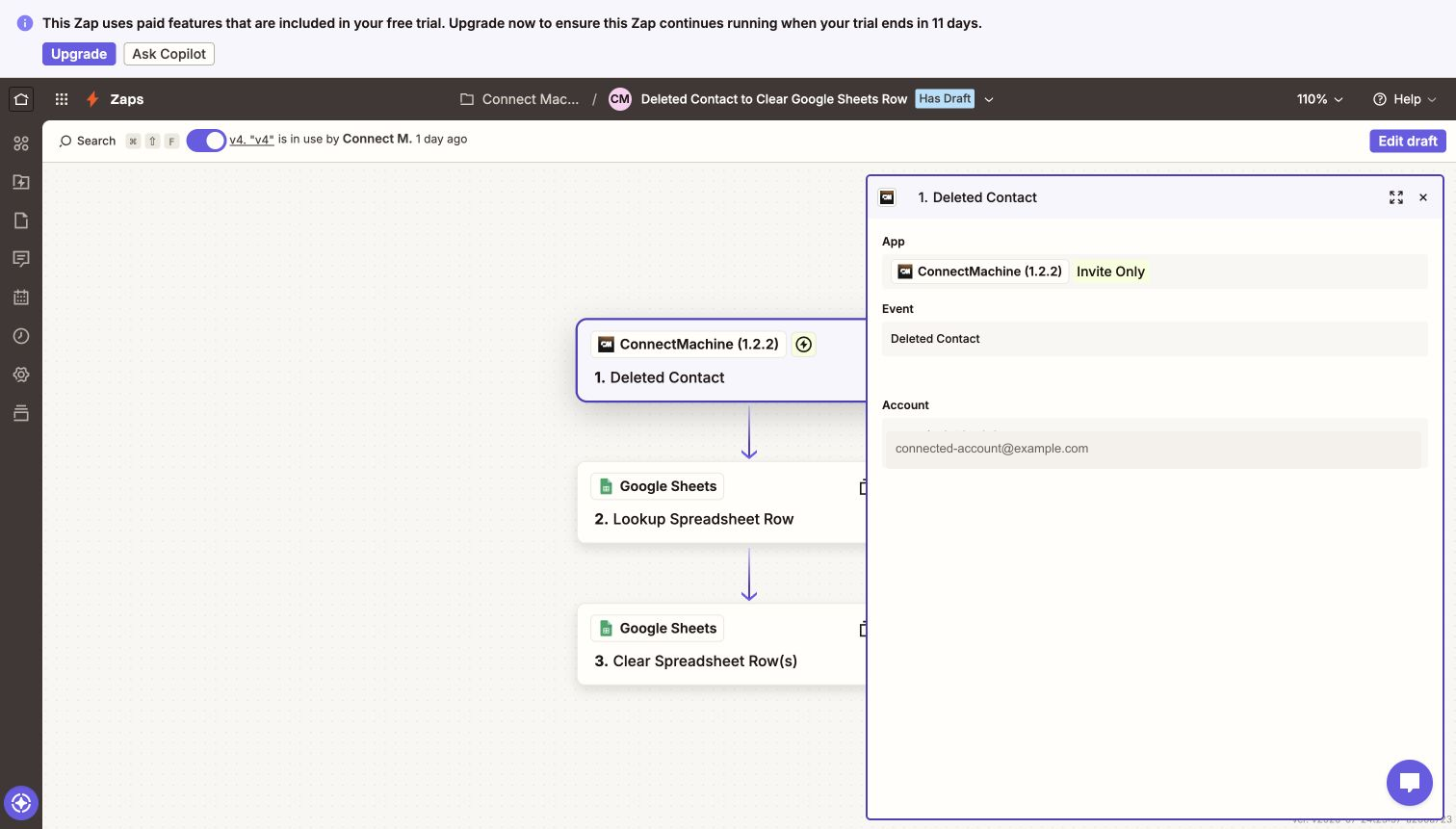 Zapier Deleted Contact trigger output showing the pre-delete contact snapshot
