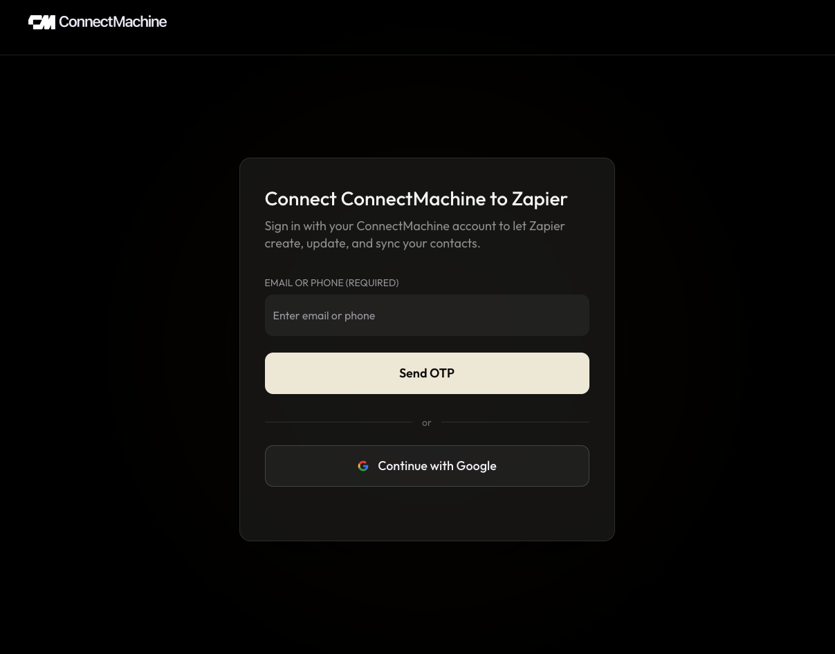 ConnectMachine consent page for Zapier listing the contact and webhook permissions being requested