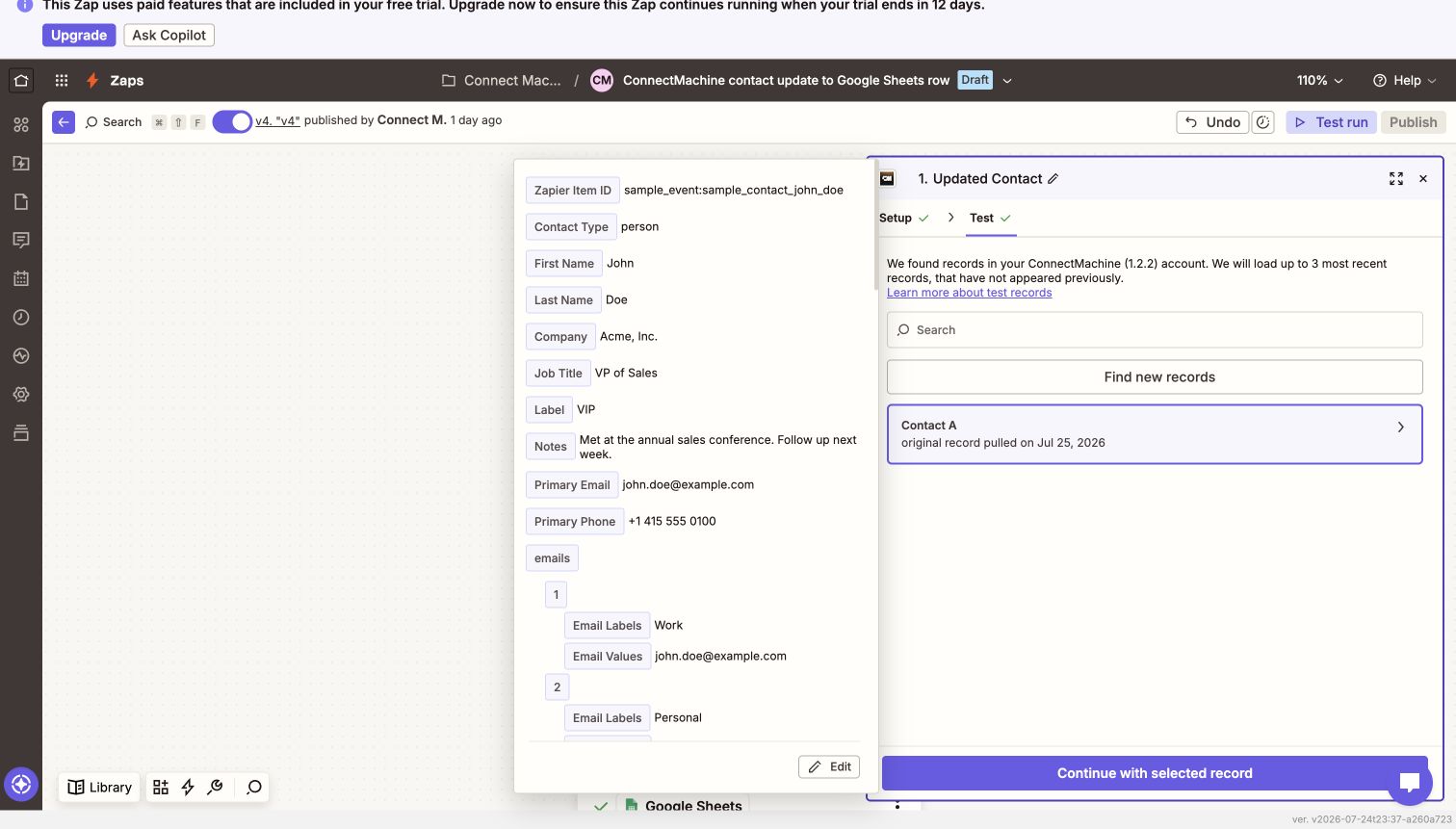 Zapier showing the ConnectMachine trigger payload fields available for mapping