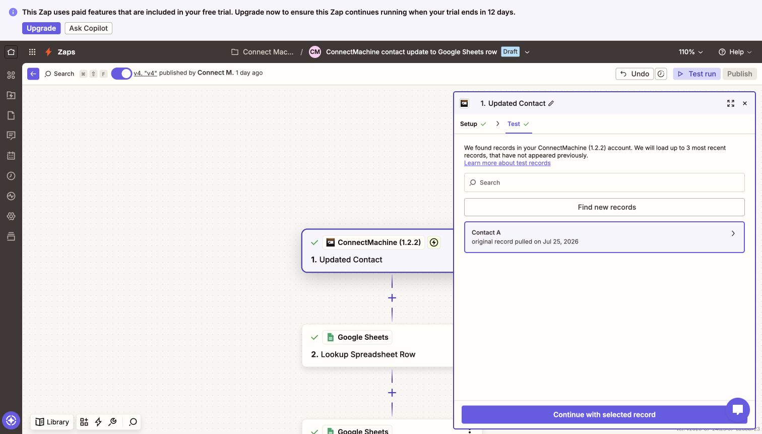 Zapier trigger test screen pulling a sample contact from ConnectMachine