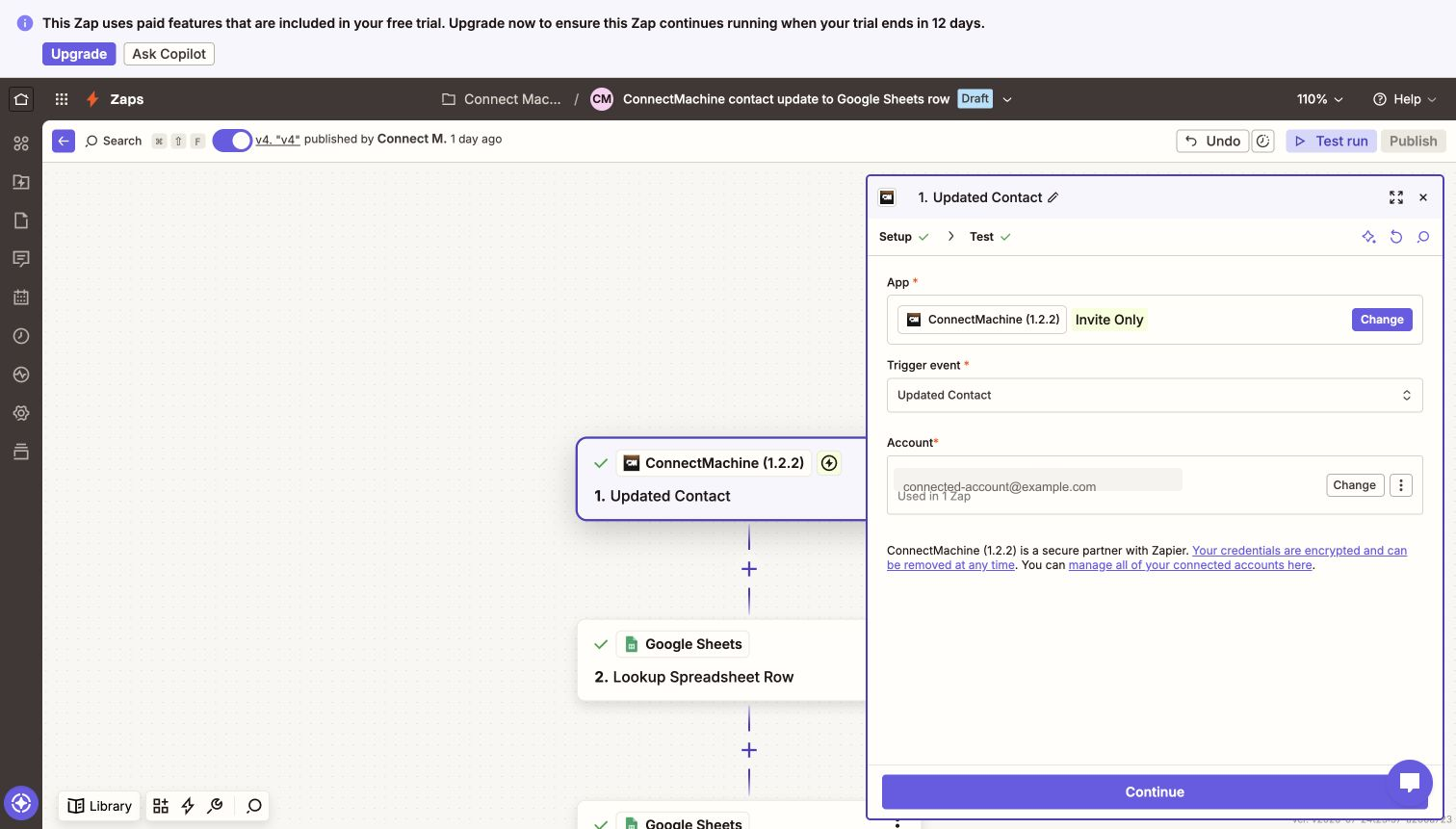 Zapier Update Contact action with the contact dropdown and mappable fields