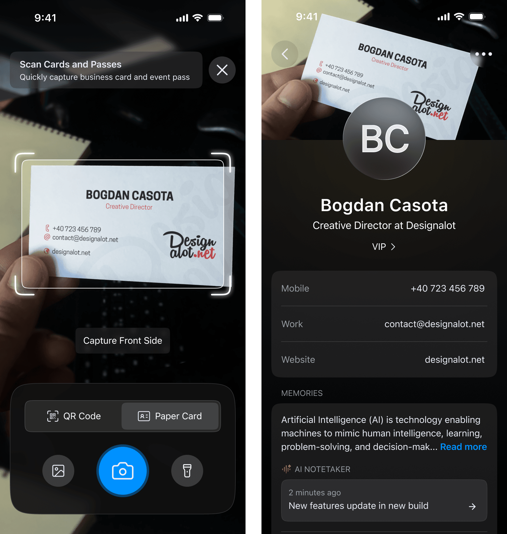 Scanning a business card into ConnectMachine and the saved contact it creates