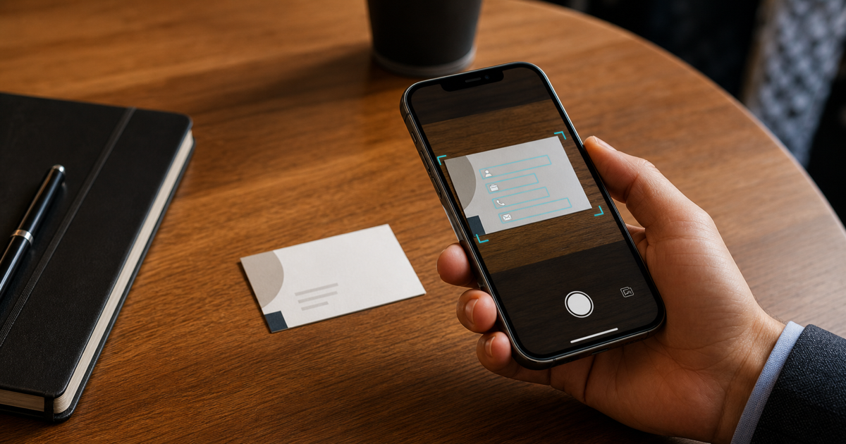 Téléphone numérisant une carte de visite papier avec des champs d'extraction d'IA