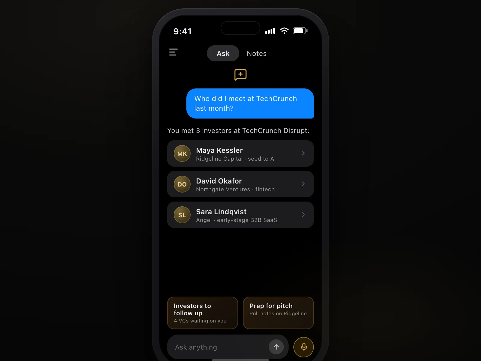 AI Concierge answering a founder's question about who they met at TechCrunch with a list of investors
