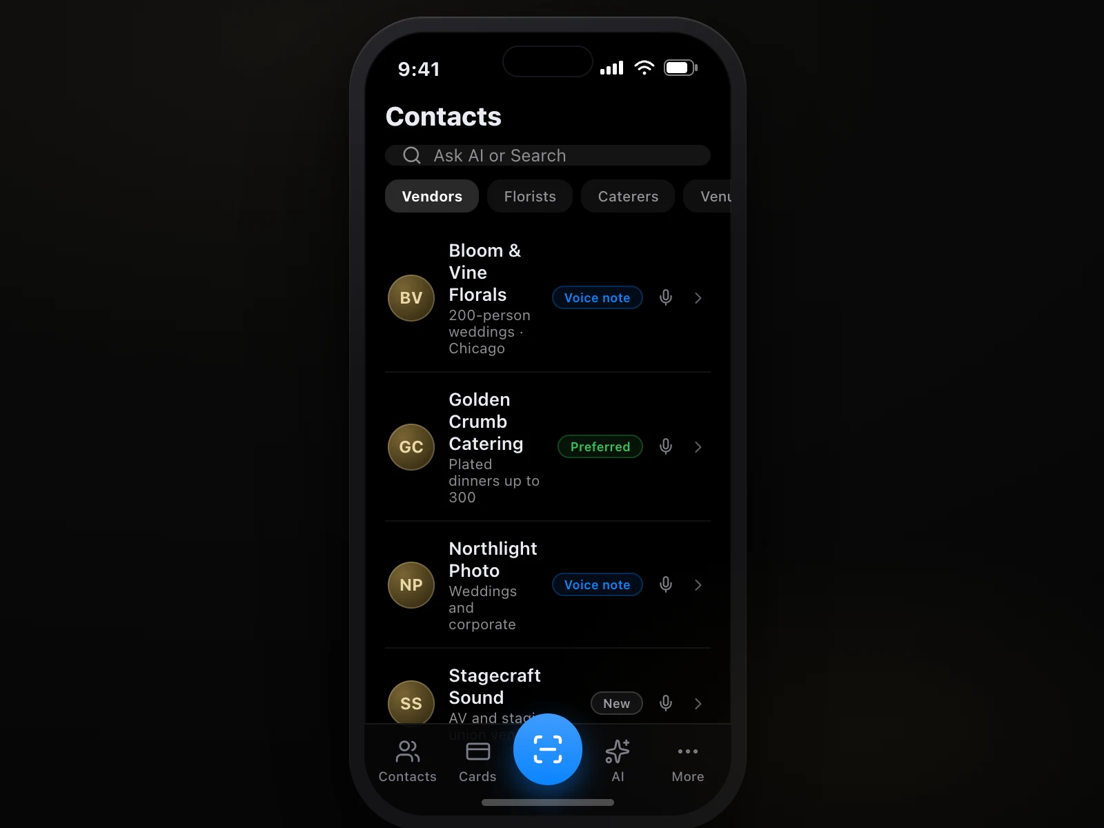 The ConnectMachine contacts screen with vendor groups and voice notes on each vendor