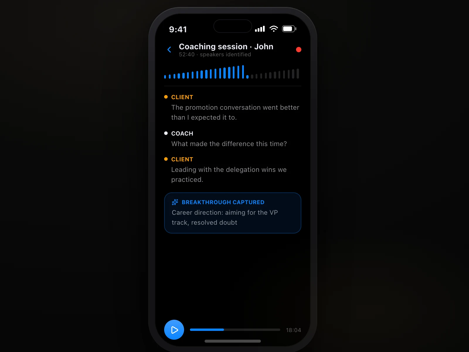 An AI Note Taker recording of a coaching session with coach and client labeled and a breakthrough captured