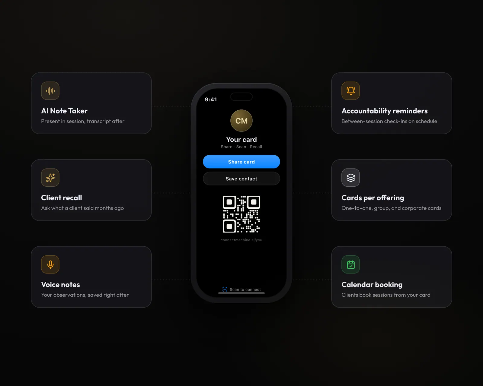 ConnectMachine 教练功能:转写、回忆、语音备注、提醒、按服务分的名片、预约
