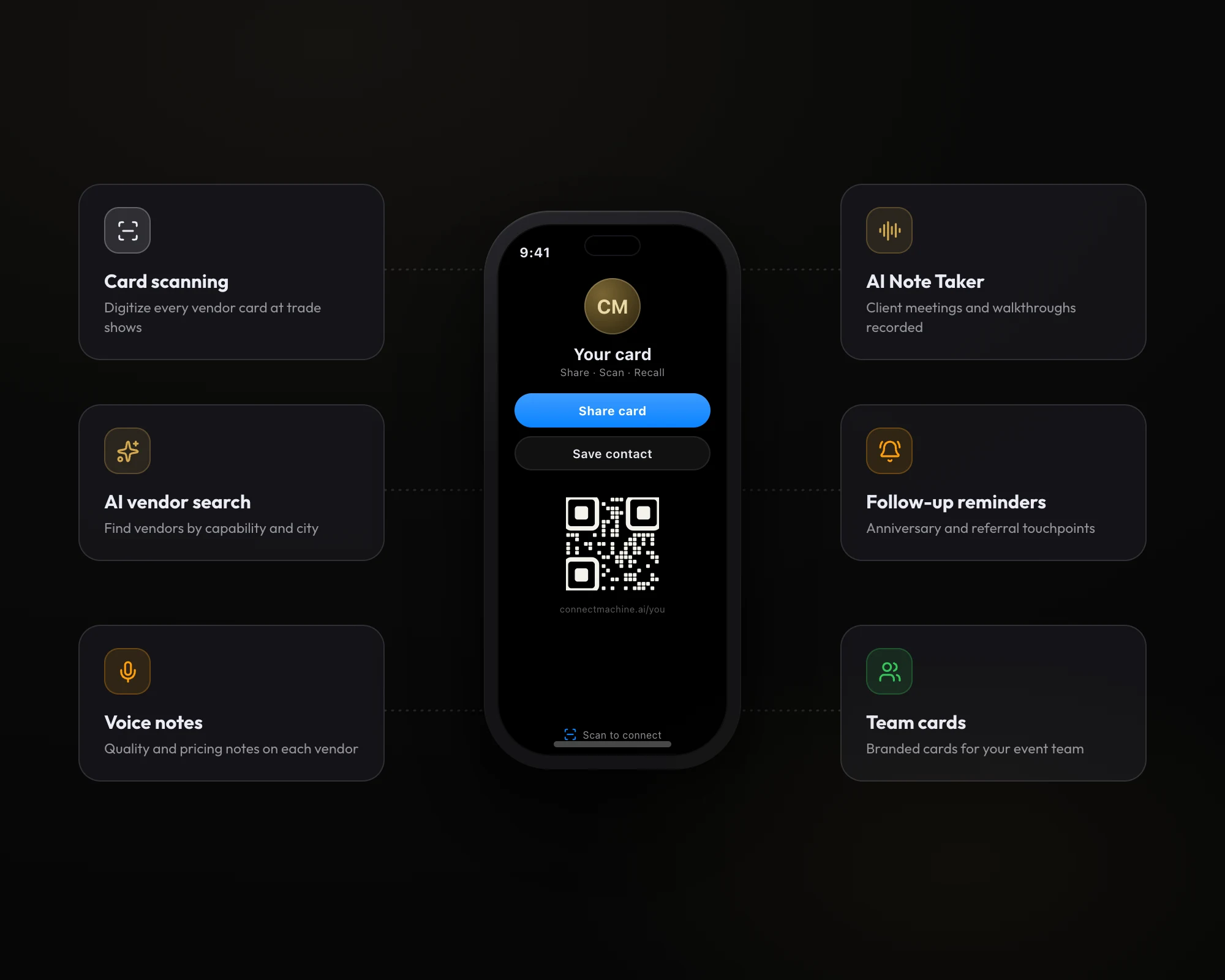 ConnectMachine features for event planners: scanning, vendor search, voice notes, transcription, reminders, team cards