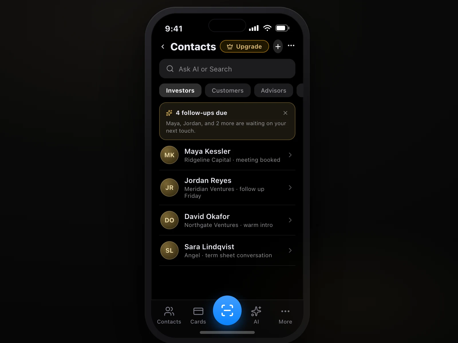 The ConnectMachine contacts screen filtered to investors, with meeting and follow-up status on each