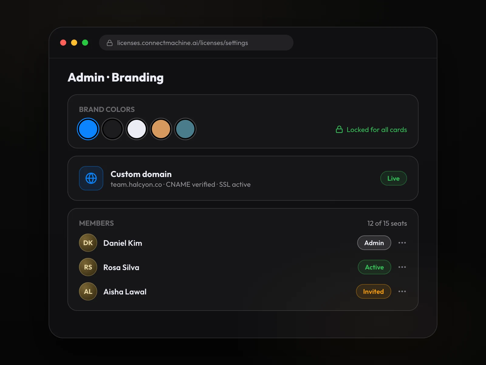 The agency admin panel with locked brand colors, a live custom domain, and member seats